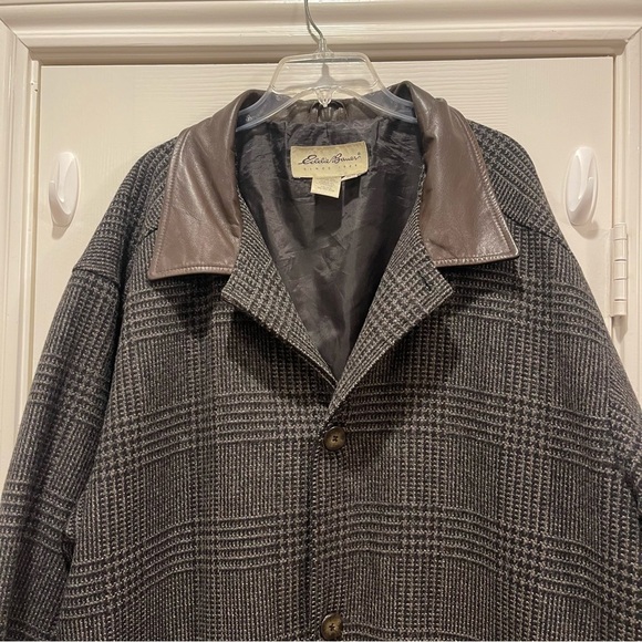 Vtg EDDIE BAUER Wool Glenn Plaid Leather Trim Overcoat Trench Coat MENS XL - Picture 3 of 9